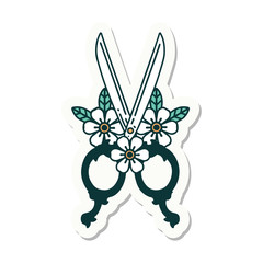 tattoo style sticker of a barber scissors and flowers