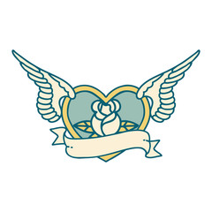 tattoo style icon of a flying heart with flowers and banner
