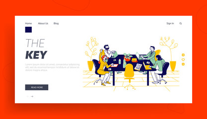 Obraz na płótnie Canvas Business People Study in Financial School, Employees in Office Website Landing Page. Businesspeople at Table Work on Laptops, Gain Education Web Page Banner. Cartoon Flat Vector Illustration, Line Art