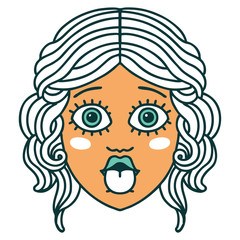 tattoo style icon of female face sticking out tongue