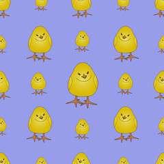 Pattern sleepy chick, falls asleep on the move. Vector. Yellow ball. Bird on an isolated purple background. Cartoon style. The idea of a cover, Wallpaper, textile, wall. Children's ornament