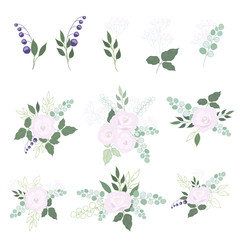 Delicate pastel roses, leaves, bouquets. Vector illustration.