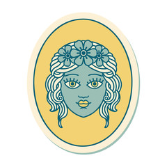 tattoo style sticker of a maiden with crown of flowers