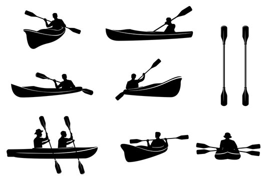 Kayaking silhouettes vector. Canoe trails and rafting club emblem with kayaking equipment elements.