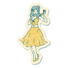 distressed sticker tattoo style icon  of a pinup surprised girl