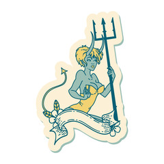 tattoo style sticker of a pinup devil girl with banner