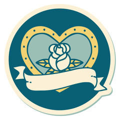 tattoo style sticker of a heart rose and banner