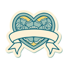 tattoo style sticker of a heart and banner with flowers