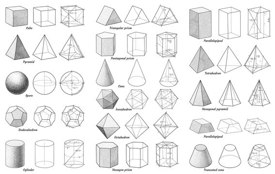 Geometry shapes and areas with formulas, marks illustration, drawing, engraving, ink, line art, vector