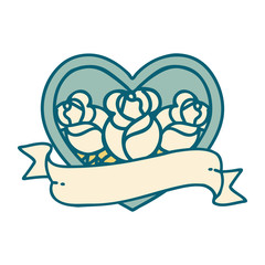 tattoo style icon of a heart and banner with flowers