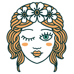 tattoo style icon of a maidens face winking
