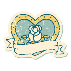 distressed sticker tattoo style icon of a heart rose and banner