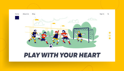 Kids Playing Soccer Website Landing Page. Football Academy or School Outdoor Sportive Activity for Children, Sports Game, Junior Tournament Web Page Banner. Cartoon Flat Vector Illustration, Line Art