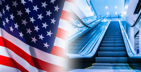 New opportunities in the US. Career ladder. Career in America. American dream. Rising escalator on...