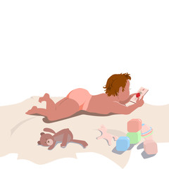 Baby in diaper lying playing game application on smartphone. Cartoon character in flat design vector illustration.