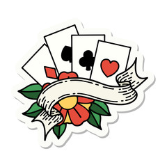 tattoo style sticker of cards and banner