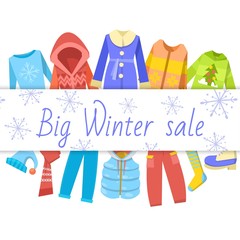 Winter sale clothing banner vector illustration with text, jacket, coat and pants, boots. Winter cloths sale and discout banner.