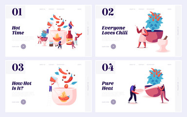 Fototapeta premium People Cook and Eat Hot Food Website Landing Page Set. , Characters Cooking with Chili Pepper Spices Adding Ingredients for Typical Mexican Cuisine Web Page Banner. Cartoon Flat Vector Illustration