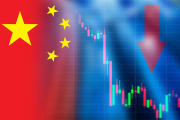 Flag of China against the background of declining stock prices. Falling stock prices of Chinese companies. Decline in the Chinese stock exchange index. The fall of the Chinese yuan.