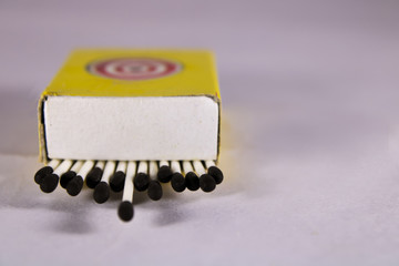 A creative concept of a wax match box with with stick and black head 