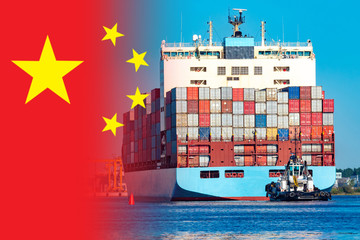 Chinese flag and container ship. Export of Chinese goods. Sea cargo transportation. China's...