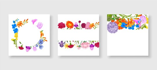 Floral frame collection set of cute cartoon summer flowers arranged in shape of the wreath perfect for wedding invitations and birthday cards, vector illustration. Floral wreaths for summer cards.