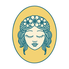 tattoo style icon of a maiden with eyes closed