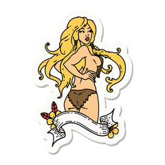tattoo style sticker of a pinup viking girl with banner