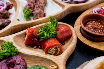 Georgian cuisine food set. Georgian restaurant. Restaurant background.