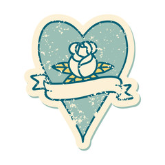 distressed sticker tattoo style icon of a heart rose and banner