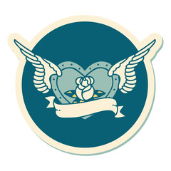 tattoo style sticker of a flying heart with flowers and banner