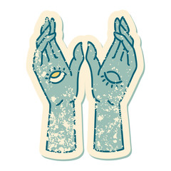 distressed sticker tattoo style icon of mystic hands
