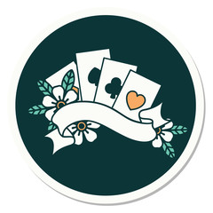 tattoo style sticker of cards and banner