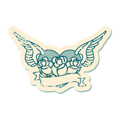 distressed sticker tattoo style icon of a flying heart with flowers and banner