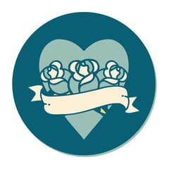 tattoo style sticker of a heart and banner with flowers