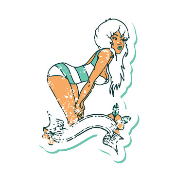 distressed sticker tattoo style icon  of a pinup girl in swimming costume with banner