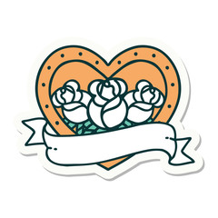tattoo style sticker of a heart and banner with flowers