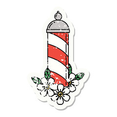traditional distressed sticker tattoo of a barbers pole