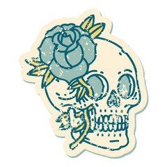 distressed sticker tattoo style icon of a skull and rose