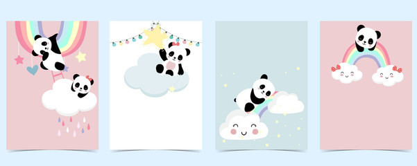 Collection of panda background set with cloud, rainbow,balloon.Editable vector illustration for website, invitation,postcard and sticker