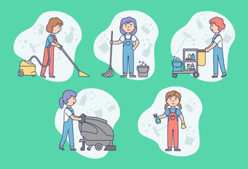 Cleaning Service Concept. Work Personnel Of Cleaning Service Is Cleaning Homes, Offices And Commercial Premises. Professional Cleaning Service. Linear Outline Cartoon Flat Style. Vector Illustration