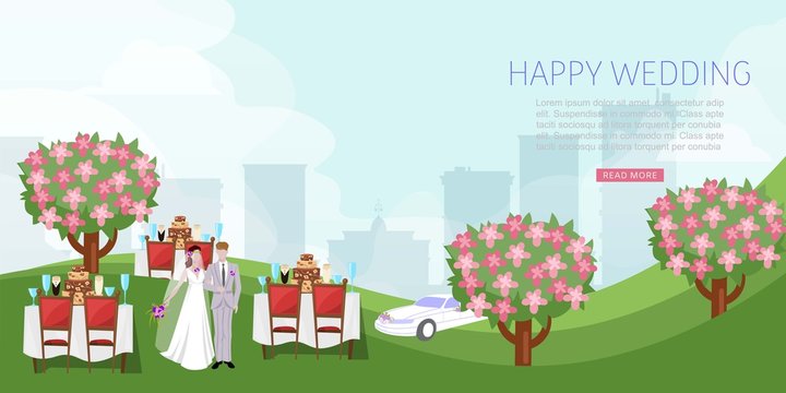 Wedding celebration with couple of newly weds standing near bloossom trees and tables outdoor vector illustration. Bride and groom. New family. Elegant garden ceremony.