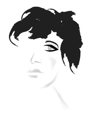 A girl with black hair is featured in a minimalist fashion and beauty illustration.