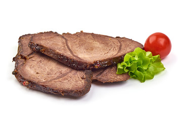 Spicy roast pork slices, isolated on white background