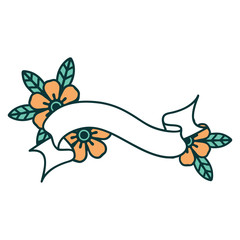 tattoo style icon of a banner and flowers