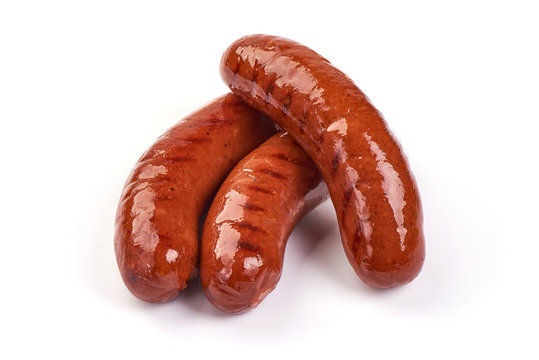 BBQ roasted pork sausages, isolated on white background