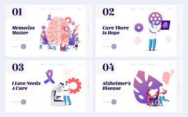 Dementia or Alzheimer Disease of Aged People Website Landing Page Set. Doctors Research and Treat Sick Brain, Medical Treatment, Awareness Ribbon Web Page Banner. Cartoon Flat Vector Illustration