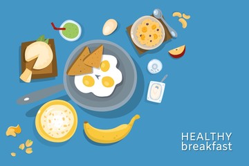 Healthy breakfasts top poster frame vector illustration. Morning food menu. Breakfast and brunches dishes collection with eggs, bread, oatmeal,cheese and nuts, healthy morning menu. for restaurant.