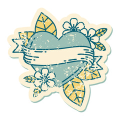 distressed sticker tattoo style icon of a heart and banner