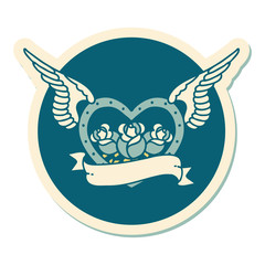 tattoo style sticker of a flying heart with flowers and banner